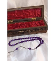 Kehribar Tespih Beyrut Damla Kehribar Tesbih Ahşap İşlemeli Kutu Mor Habbe