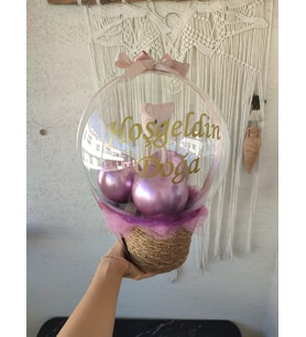 Büyülü Balon-Pembe Bebek Çıngırak Balonlar Kız Bebek Doğum Tebrik Hediye Kutusu