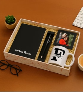 Kişiye Özel Fotoğraflı Çerçeve,Defter,Kalem ve Harf Kupa Hediye Seti