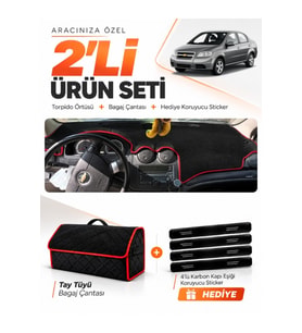 CHEVROLET AVEO T250 (2006-2011) Uyumlu Torpido Örtüsü + Tay Tüyü Bagaj Çantası Seti - Siyah Kırmızı