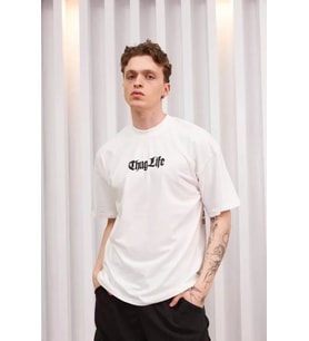 Unisex Bisiklet Yaka Baskılı Oversize T-Shirt - Beyaz