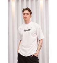 Unisex Bisiklet Yaka Baskılı Oversize T-Shirt - Beyaz