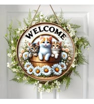 Ahşap Kedi Baskılı Sevimli Hoşgeldin Kapı Süsü