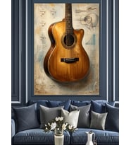 Eskitme Kağıtta Akustik Gitar Çizimi Dekoratif Kanvas - Mdf Ahşap Tablo
