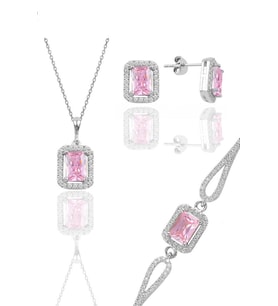 Söğütlü Silver Gümüş rodyumlu pembe taşlı baget kesim üçlü set