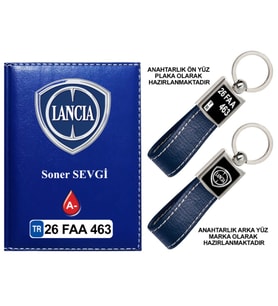 Plakanıza Özel Lancia Logolu Lacivert Ruhsat Kabı ve Anahtarlık