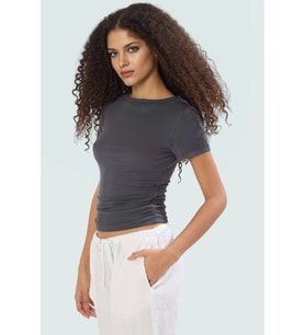 Viskoz Ribana Crop Bluz Büzgü Detaylı Fitted Kalıp Yazlık Uzun Ömürlü Premium Kalite (Antrasit)