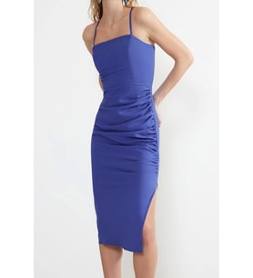 Moda Stil Fitted Kare Yaka Midi Boy Drape Detaylı Dokuma Şık Abiye Elbise (Mavi)