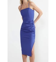 Moda Stil Fitted Kare Yaka Midi Boy Drape Detaylı Dokuma Şık Abiye Elbise (Mavi)