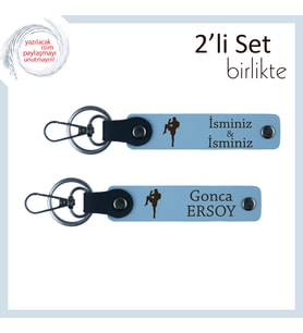 Boks Figürlü Güç Temalı Deri Anahtarlık, Erkek Sevgiliye Kalıcı İsim Yazılı Hediye, Gök Mavi-Mavi