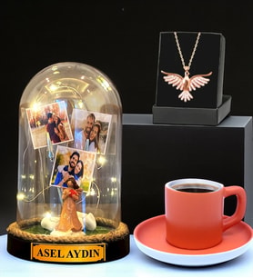 Sizlere Özel Led Işıklı Fanus, Türk Kahvesi Fincanı ve Anka Kuşu Kolye (Model 9)