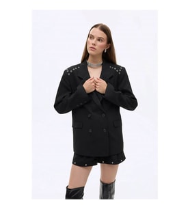 Quzu Kuş Gözü Detaylı Siyah Kadın Blazer Ceket CKT01019