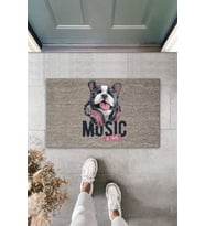 Dijital Baskı Kalitesi Gri Music Yazılı Kulaklıklı Köpek Dekoratif Kapı Paspası