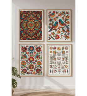 Etnik Desenler ve Kuş Motifleri Dekoratif 4’lü Ahşap Çerçeveli Tablo Seti - Salon Dekor