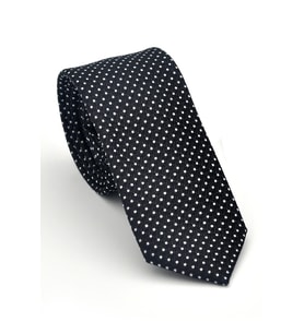 Beyaz Nokta Desenli Siyah Dokuma Kumaş Mendilli Slim Fit Kravat // SDK-2510-1