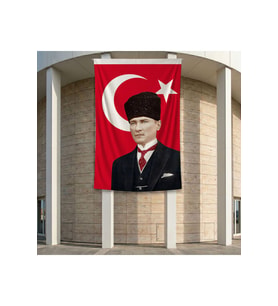 Ay Yıldız Kalpaklı Atatürk Portresi Poster Bayrak Premium Raşel Kumaş ATA43 2x3m