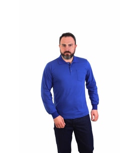 ESERIS - Polo Yaka Uzun Kol Pike Tişört - Saks Mavi - Cepli