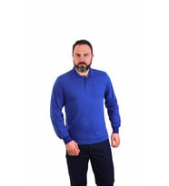 ESERIS - Polo Yaka Uzun Kol Pike Tişört - Saks Mavi - Cepli