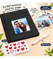 10 adet 10x15 resim+Polabook® Ön kapak metal baskılı Siyah Anı Defteri(baskı,sticker,jel kalem,albüm )