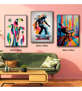 kaykaylı pop art çocuk renkli piyano tablosu 3 adet 35cmx50cm kumaş baskılı canvas tablo