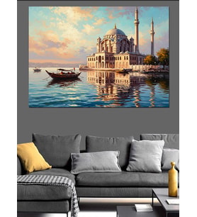 Gün Batımında Işıklı Ortaköy Camii Dekoratif Kanvas - Mdf Ahşap Tablo