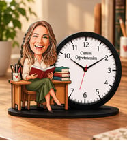 Kişiye Özel Karikatürlü Öğretmen Ahşap Biblo Masa Saati