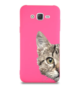 Samsung Galaxy J7 Uyumlu Lansman Kılıf Catface Tasarımlı İçi Kadife Kapak-Neon Pembe (Şeffaf)