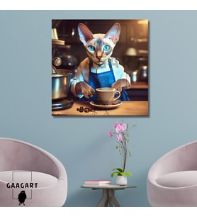 Kare Kanvas Kahve Köşesi Cafe Tablosu Barista Sfenks Kedisi