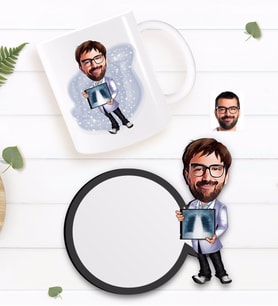 BK Gift Kişiye Özel Erkek Radyolojist Karikatürlü Beyaz Kupa ve Ahşap Bardak Altlığı Hediye Seti-1