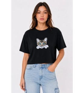 Kedi Baskılı Oversize Crop Tişört Salaş Basic Yarım Kol T-shirt - Siyah