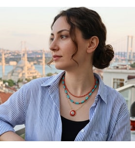 Lente Aksesuar Gold Kaplama Çoklu Kolye Kombini Kırmızı Turkuaz Boncuklu Nazar Kolye Seti