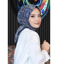Etnik Desen Lacivert Soft Pamuk Eşarp (Standart)