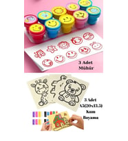 Nostaljik Oyuncak Mühür Istampa 3 Adet + Kum Boyama Seti 3 Adet A5 Boyutunda (20x13,5 cm)