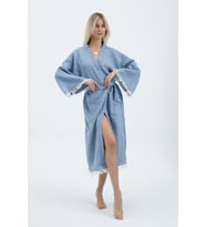 Müslin Kimono %100 Pamuklu Çizgili Bornoz Kaftan Sabahlık (Mavi)