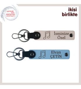 Sevgilinle Kurduğun Melodik Bağa Armağan, Notalı Deri Anahtarlık Seti, Pudra-Gök Mavi