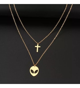 Kişiye Özel 925 Ayar Gümüş İkili Uzaylı ve Haç Kolye (Gold)