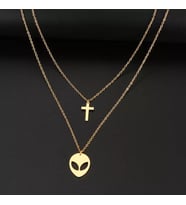 Kişiye Özel 925 Ayar Gümüş İkili Uzaylı ve Haç Kolye (Gold)