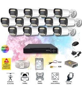 13 Kameralı Set - Yapay Zeka Özellikli Gece Renkli Gösteren 5MP SONY Lensli 12 Warm Ledli FULLHD Güvenlik Kamerası Seti 312W-116