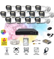 13 Kameralı Set - Yapay Zeka Özellikli Gece Renkli Gösteren 5MP SONY Lensli 12 Warm Ledli FULLHD Güvenlik Kamerası Seti 312W-116