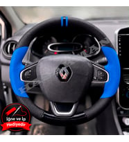 Renault Captur 1 Dikme Direksiyon Kılıfı Delikli Deri Parlak Siyah Mavi Detay Çift Yüzük ve Dikiş 2013-2019