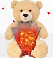 Hediye Sevgiliye 90cm Büyük Ayıcık ve Ledli 9 Ayıcıklı Ayıcık Buketi Peluş Set (Bej)