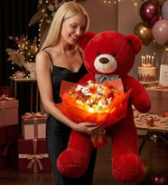 LED Işıklı Kırmızı-Beyaz Kelebek Buketi – 25 Kelebekli & 90 cm Büyük Peluş Ayı Sevgiliye Hediye