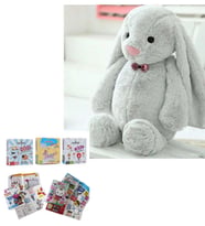 Uyku Arkadaşım PAPYONLU Uzun Kulak 65 cm Peluş Tavşan ve Eğitici Eğlenceli Etkinlik SETİ (Gri)