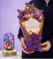 Led Işıklı Aynalı Mor Kelebek Buketi (Kişiye Özel Renkli Led Işıklı Fanus Hediyeli) (Model 8)