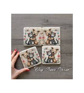 bilge tasarım Stone Decor Taş Bardak Altlığı 4'lü Set 10x10x1 Cm desenli