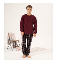 Estiva %100 Pamuk İnterlok Ekose Kareli Erkek Pijama Takım (Bordo)