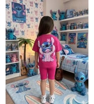 Cg Kids Stitch Kız Çocuk Tshirt Fitilli Tayt Şortlu Alt Üst Takım Sırt Baskı Detaylı