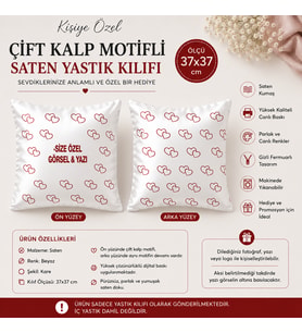 Kişiye Özel Baskılı Çift Kalp Motifli Kare Saten Yastık Kılıfı 37x37 cm