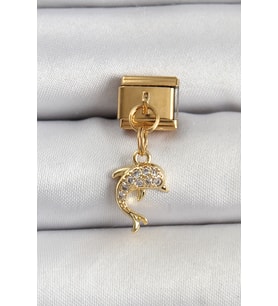 316L Çelik Sallantılı Zirkon Taşlı Yunus Balığı Model Gold Renk Nomination C - HPSBYI3375-9