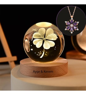 Büyük Boy Işıklı Ahşap Kaideli Yonca Temalı Cam Küre 8cm Ve Lotus Çiçeği Kolye